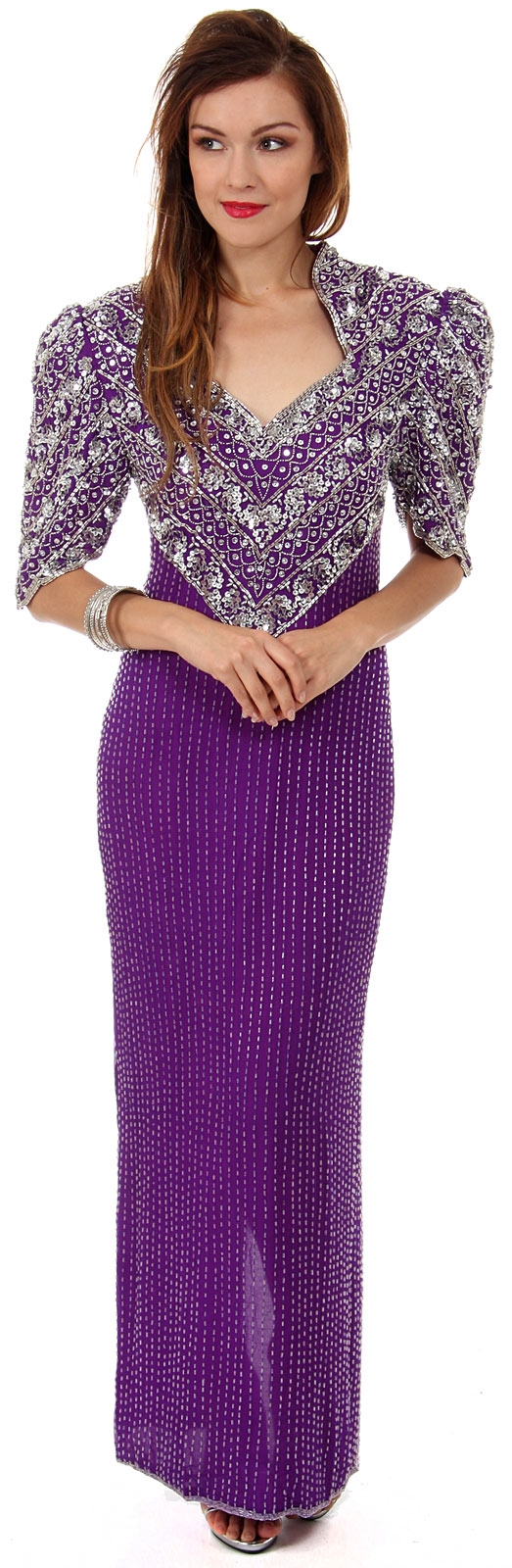 Sweetheart Neck Full Length Beaded Gown with Half Sleeves