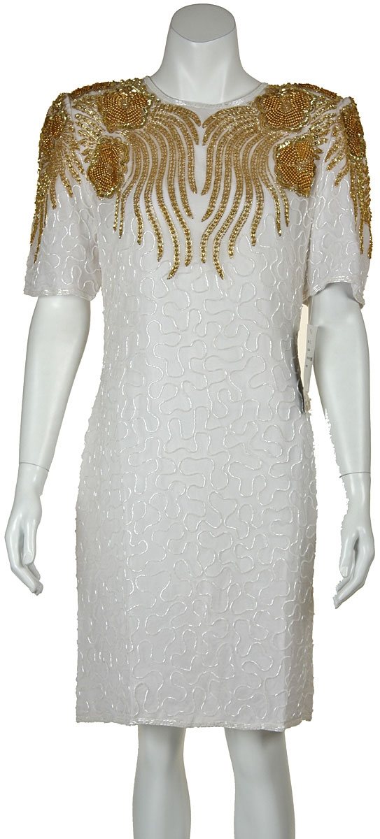 Knee Length Half Sleeves Beaded Cocktail Dress with Keyhole — in Ivory/Gold
