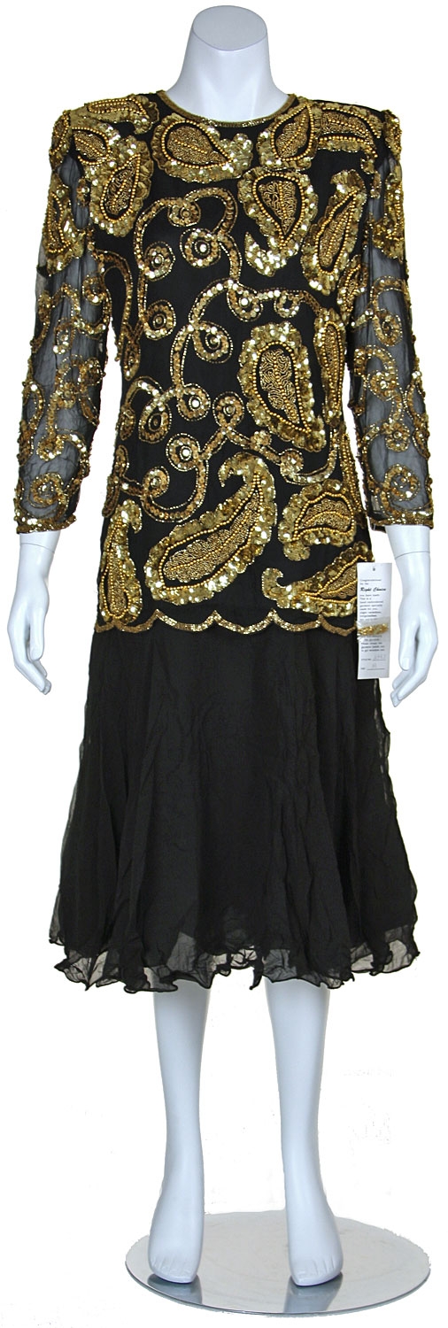 Tea Length Mother of the Bride Sequined Formal Dress — in Black/Gold