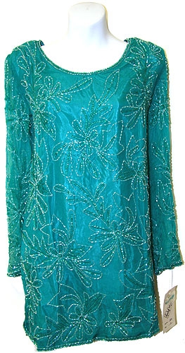 Round Neck Floral Sequined Pattern Blouse — in Jade Green