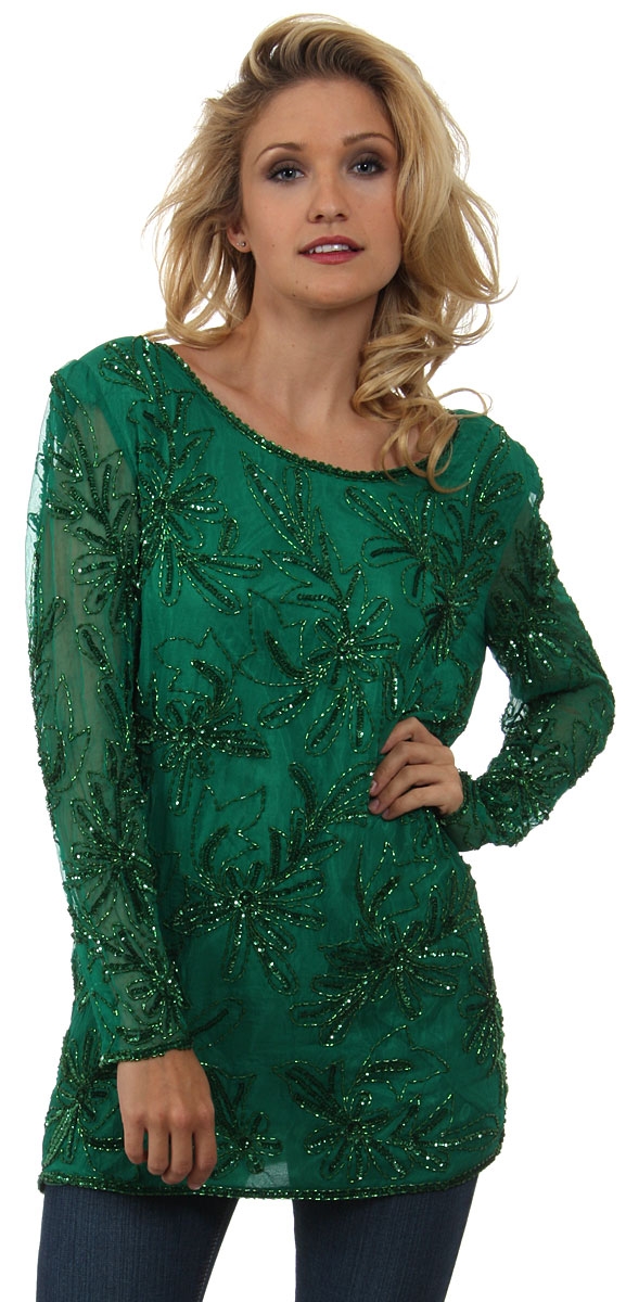 Round Neck Floral Sequined Pattern Blouse
