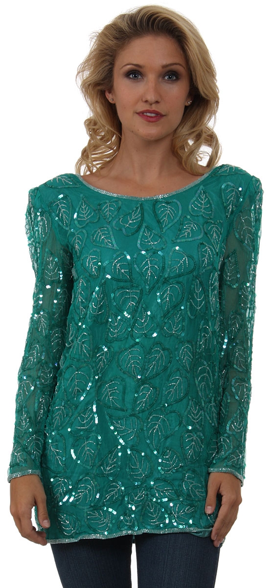 Round Neck Leaves Sequined Pattern Long Blouse 