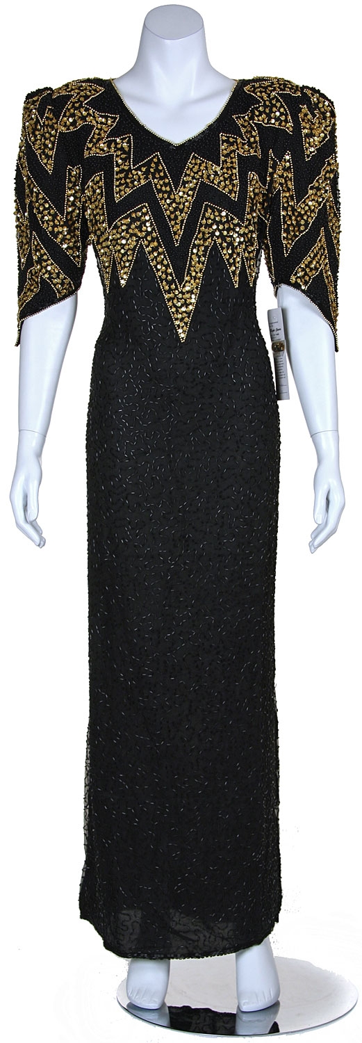 Long Formal Beaded Gown with Zig-Zag Pattern on Bodice — in Black/Gold