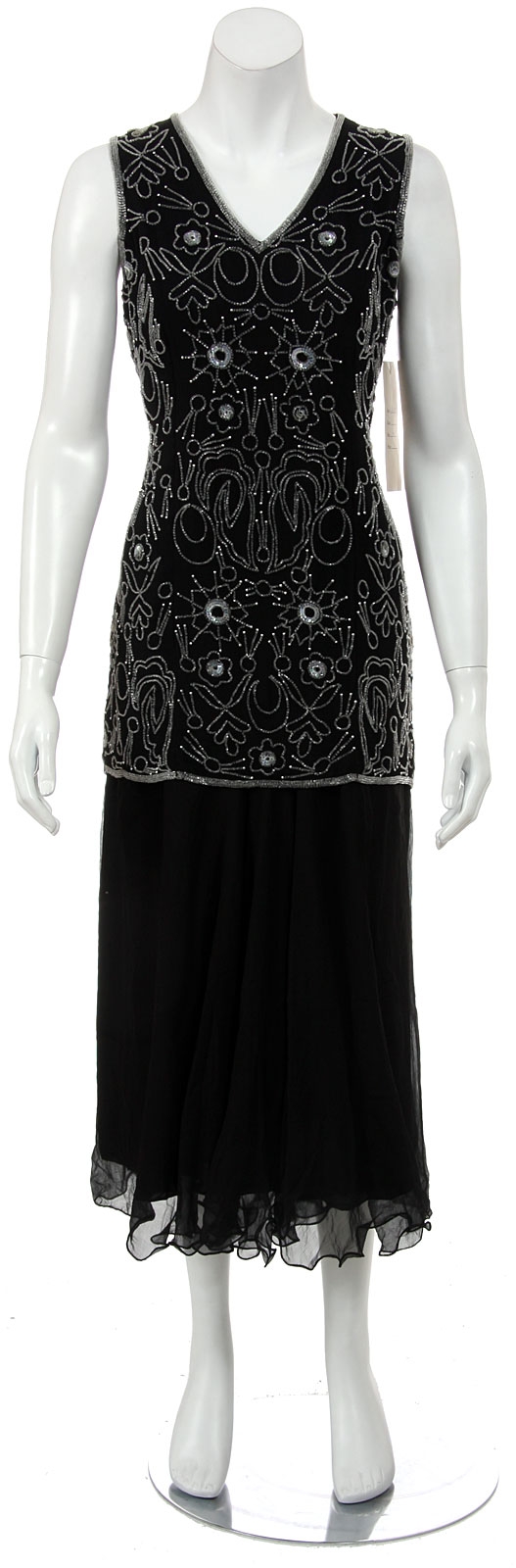 V-neck Medium Length Beaded Formal dress with Attached Skirt