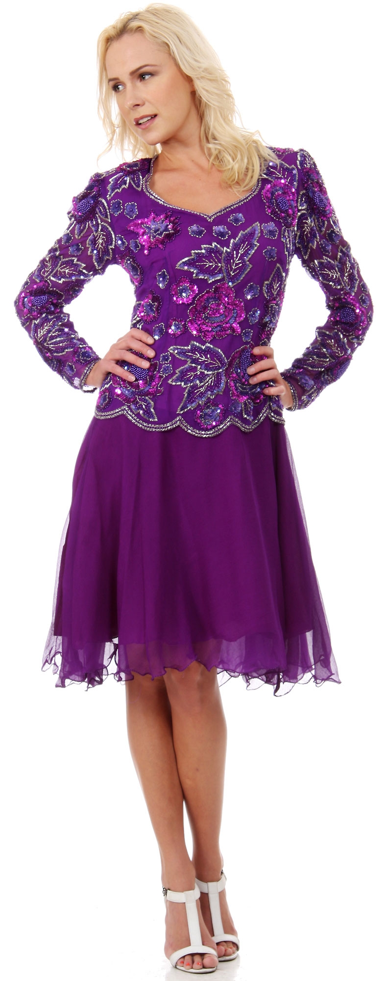 Full Sleeves Knee Length Beaded Bodice Cocktail Dress