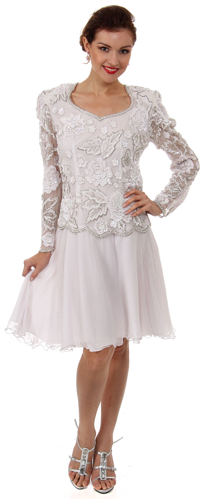 Full Sleeves Knee Length Beaded Bodice Cocktail Dress — in White