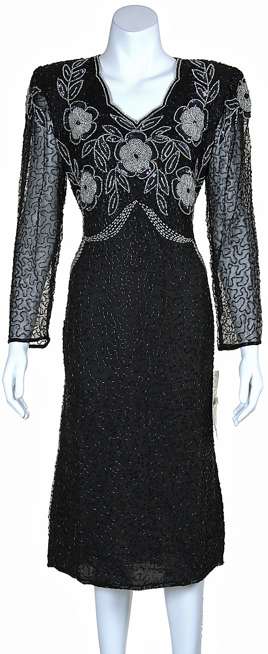 Tea Length Floral Beaded Dress with Keyhole Back