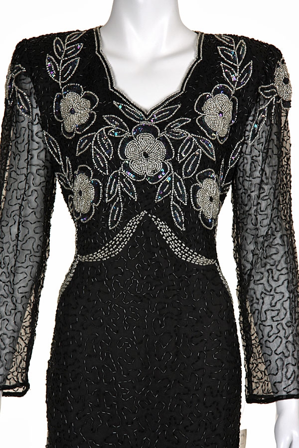 Tea Length Floral Beaded Dress with Keyhole Back — in closeup