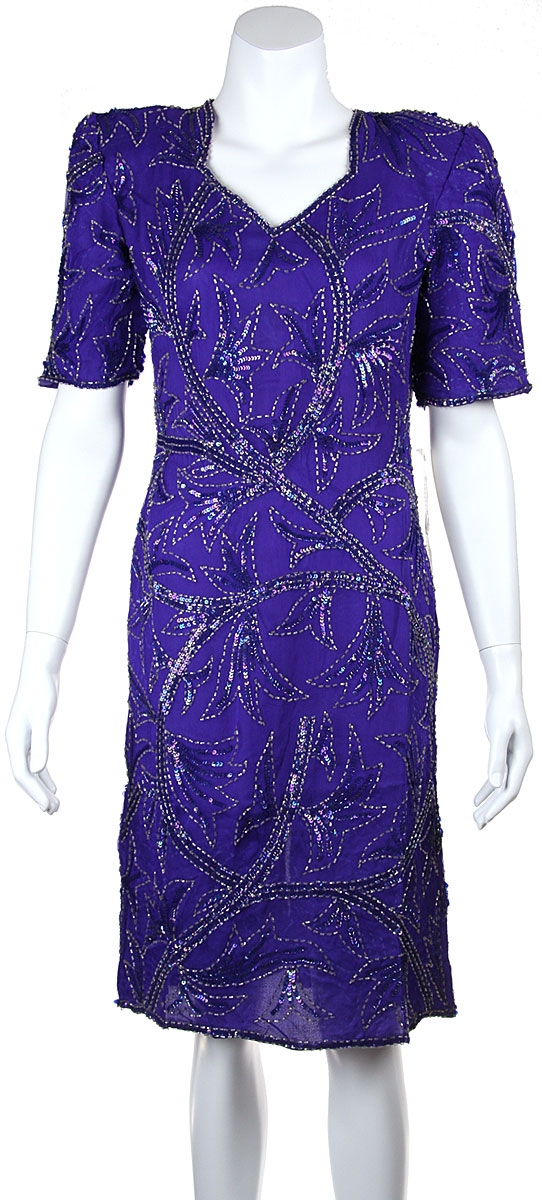 V-Neck Half Sleeves Knee Length Floral Beaded Dress — in Royal Blue/Silver