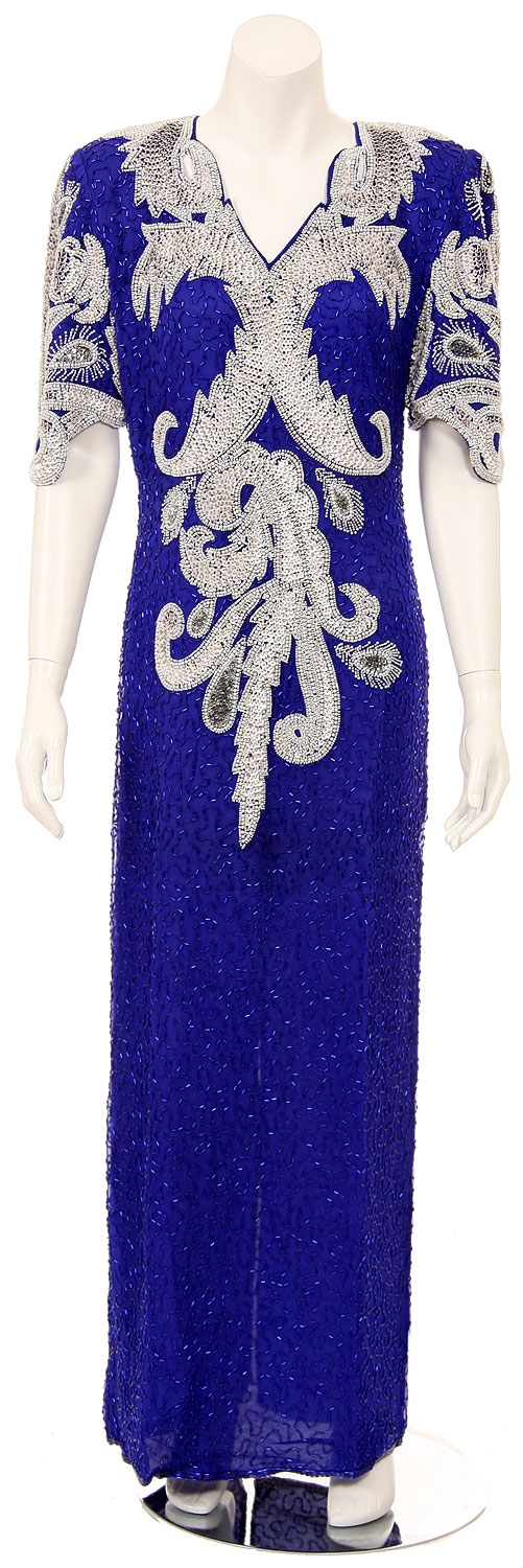 Half Sleeves v-Neck Long Beaded Evening Gown with Keyhole — in Royal Blue/White