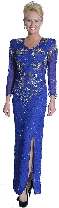 V-Neck Full Sleeves Beaded Formal Gown with Keyhole Back — in Royal Blue/Silver