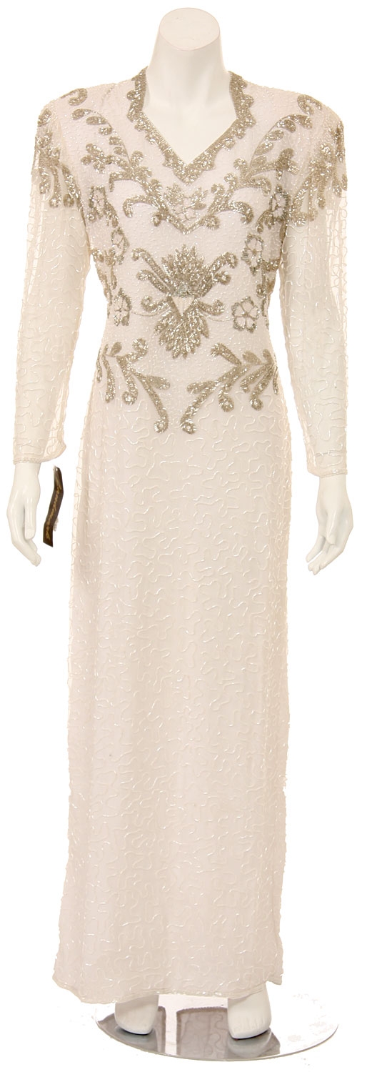 V-Neck Long Sleeves Long Formal Beaded Gown
