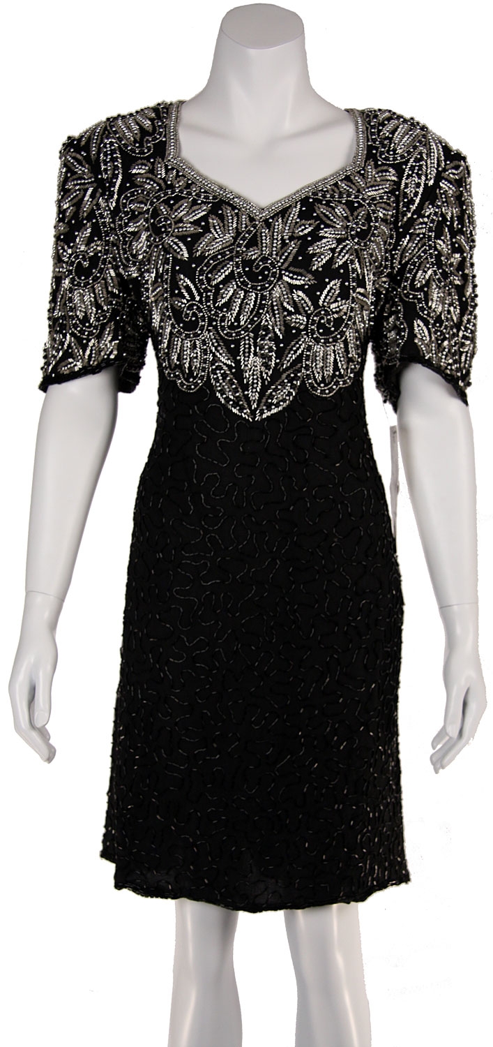 Knee Length V-Neck Formal Cocktail Beaded Dress — in Black/Silver
