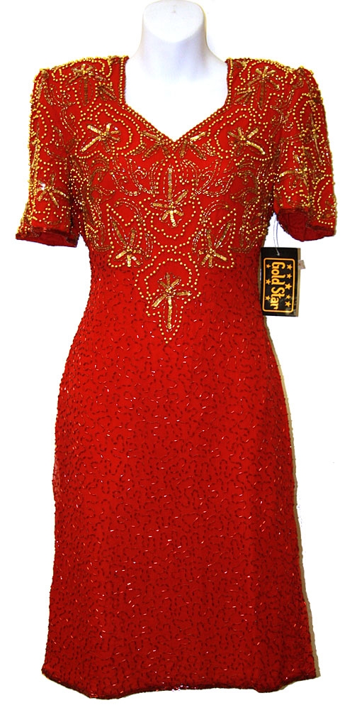 V-Neck Tea Length Formal Beaded Dress with Half Sleeves — in Red/Gold
