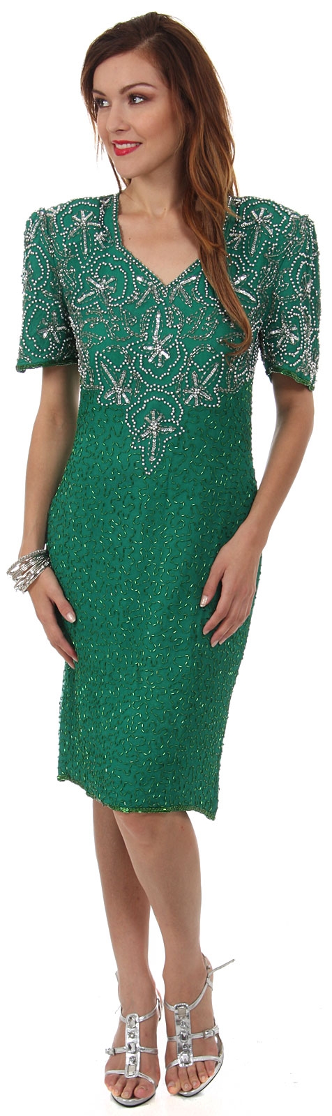 V-Neck Tea Length Formal Beaded Dress with Half Sleeves