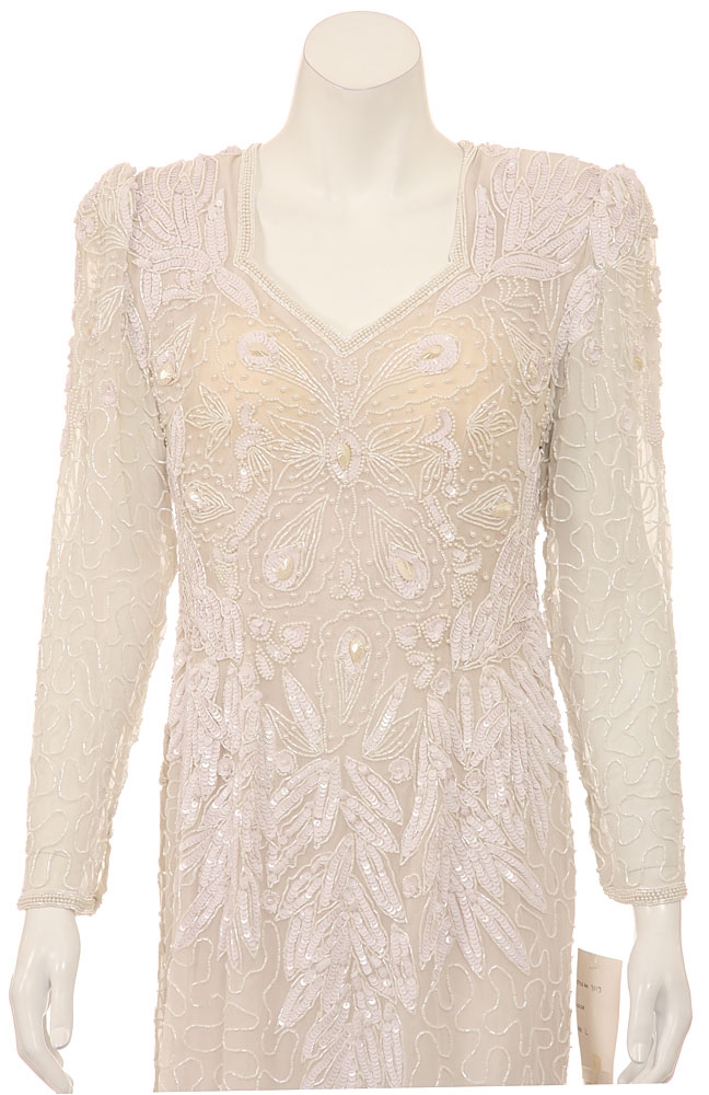 Long Sleeve Embroidered Sequin Evening Gown — in closeup