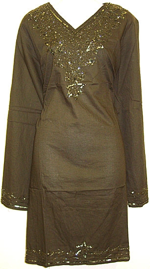 Long Sleeve Beaded Embroidered Top  — in Khaki color