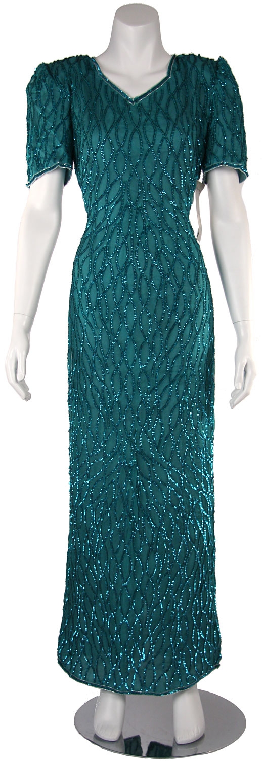 Short Sleeved Silk Formal Evening Dress with Back Slit — in Jade Green