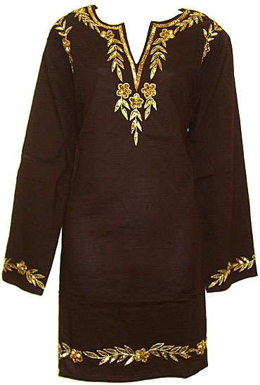 Long Sleeve Beaded Embroidered Top  — in Chocolate color