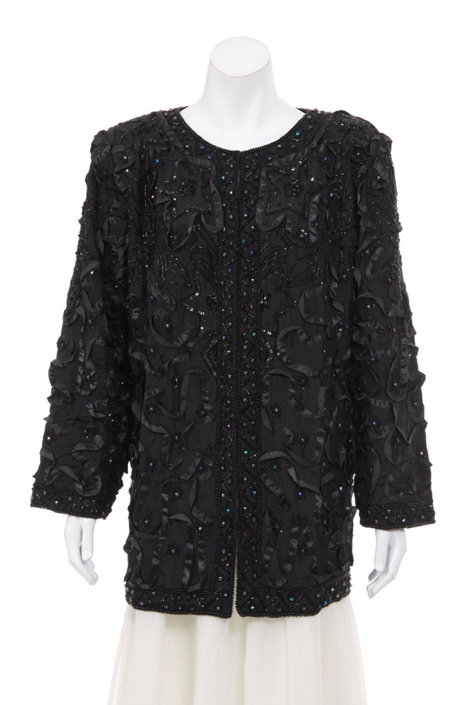 Satin Bow and Beads Jacket — in Black/Multi