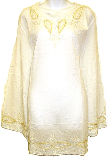 Long Sleeve Beaded Embroidered Top  — in White color
