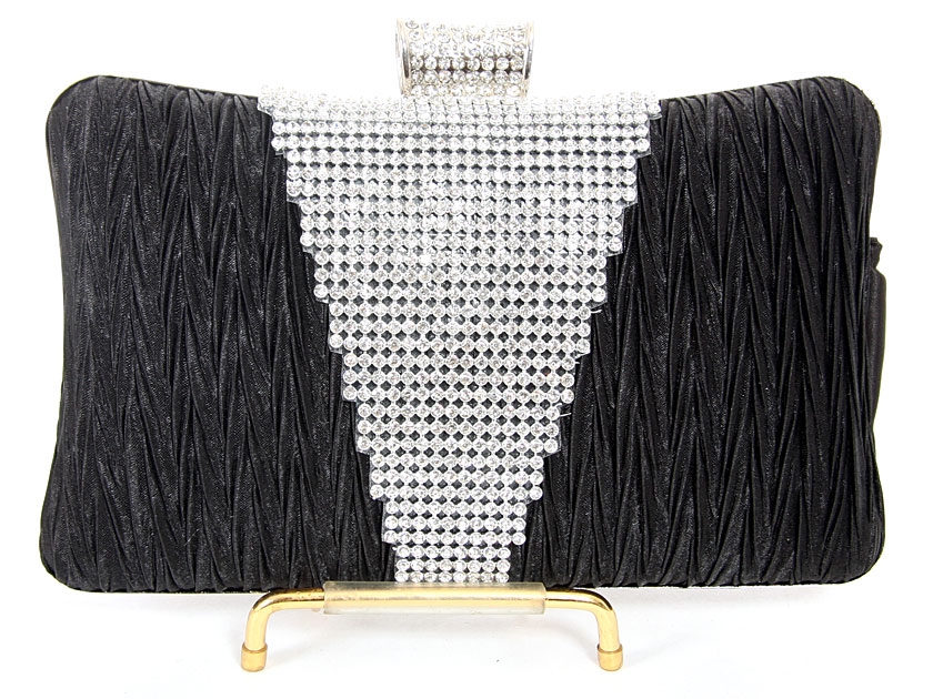 Crocheted Satin Metal Frame Evening Bag in Black