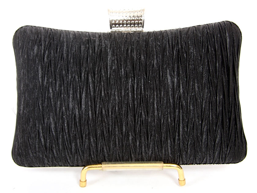 Crocheted Satin Metal Frame Evening Bag in Black — back view