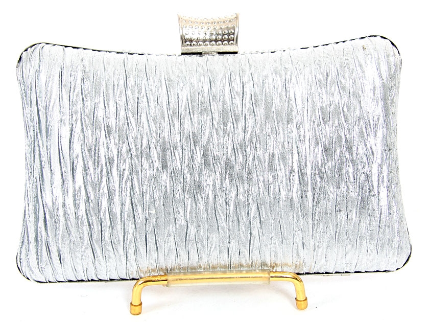 Crocheted Satin Metal Frame Evening Bag in Silver — back view