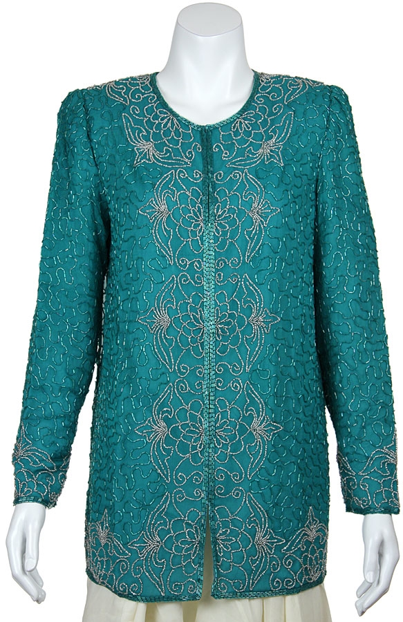 Round Neck Floral Bordered Beaded Jacket — in Jade Green