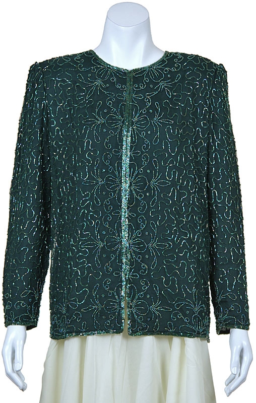 Round Neck Full Sleeves Beaded Jacket — in Hunter Green