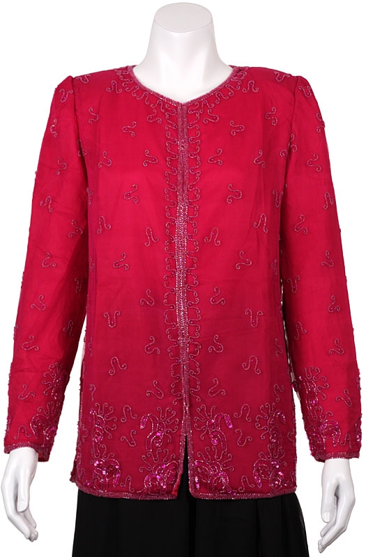 Hand Beaded Jacket with an Elaborate Border — in Fuchsia