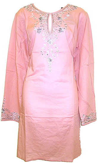 Long Sleeve Beaded Embroidered Top  — in Pink color