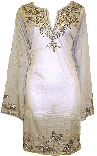 Long Sleeve Beaded Embroidered Top  — in Light Khaki color