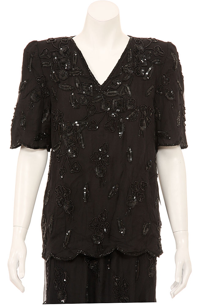 Two Piece Sequin Blouse and Tea Length Skirt Set — in closeup