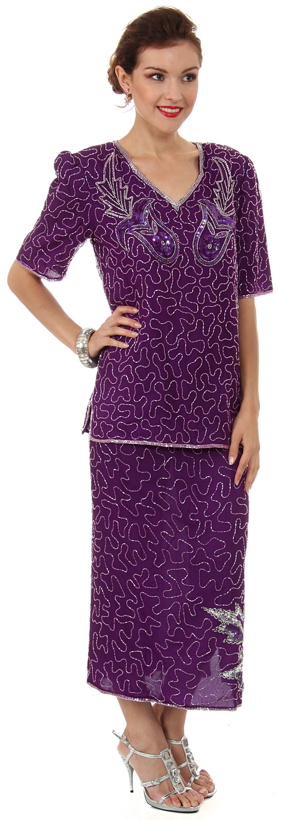 V-Neck Two Piece Sequined Blouse and Skirt Set