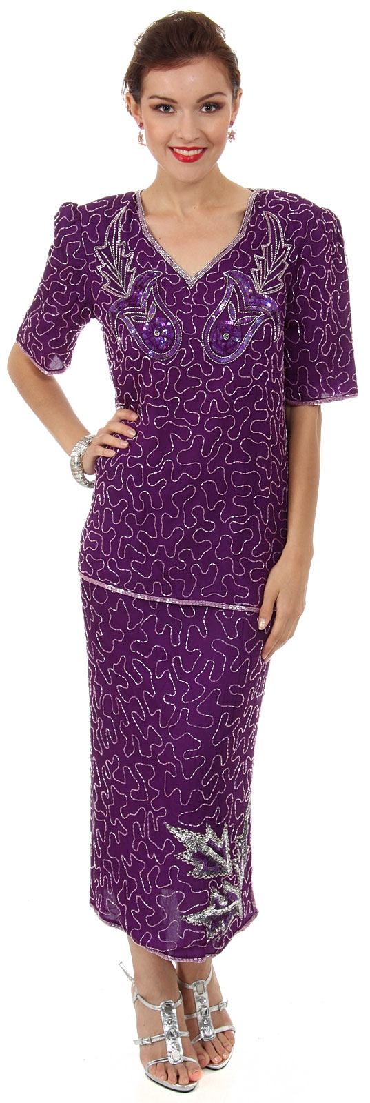 V-Neck Two Piece Sequined Blouse and Skirt Set — in alternative picture