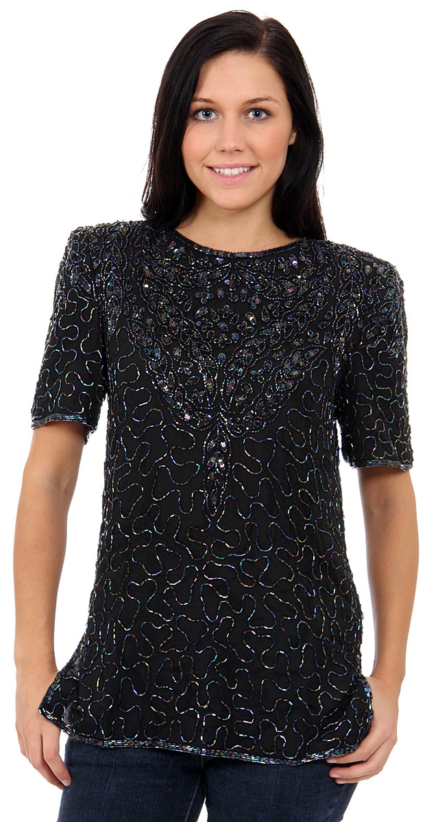 Fully Beaded Pullover Blouse — in Black/Multi