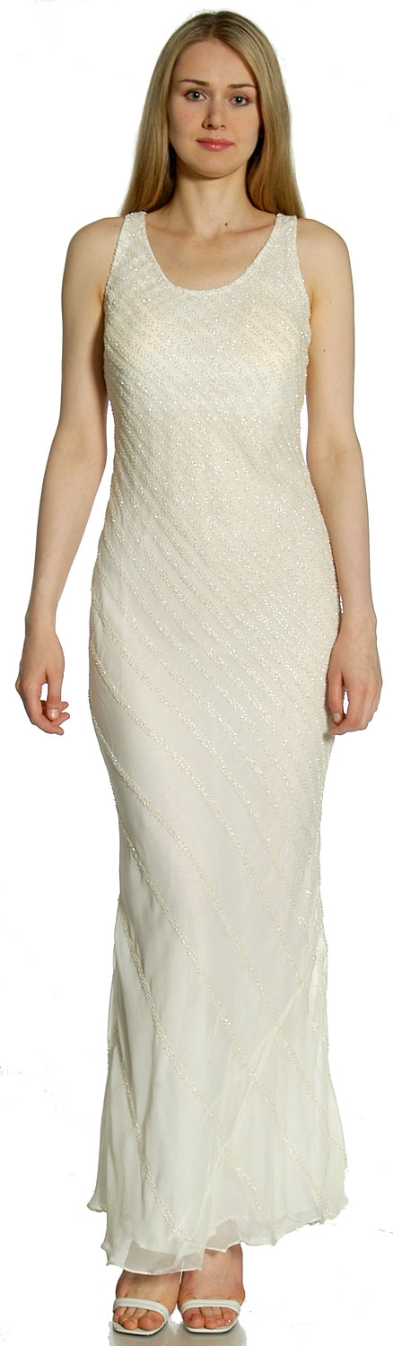 Broad Strapped Cascading Beads Formal Evening Dress — in Ivory alternative view