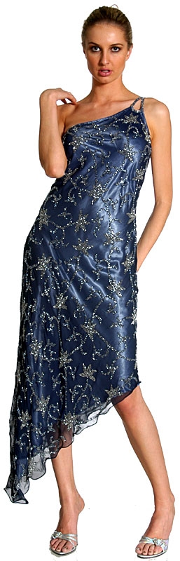 One Shoulder Shimmering Dress with Beaded Flower Patterns