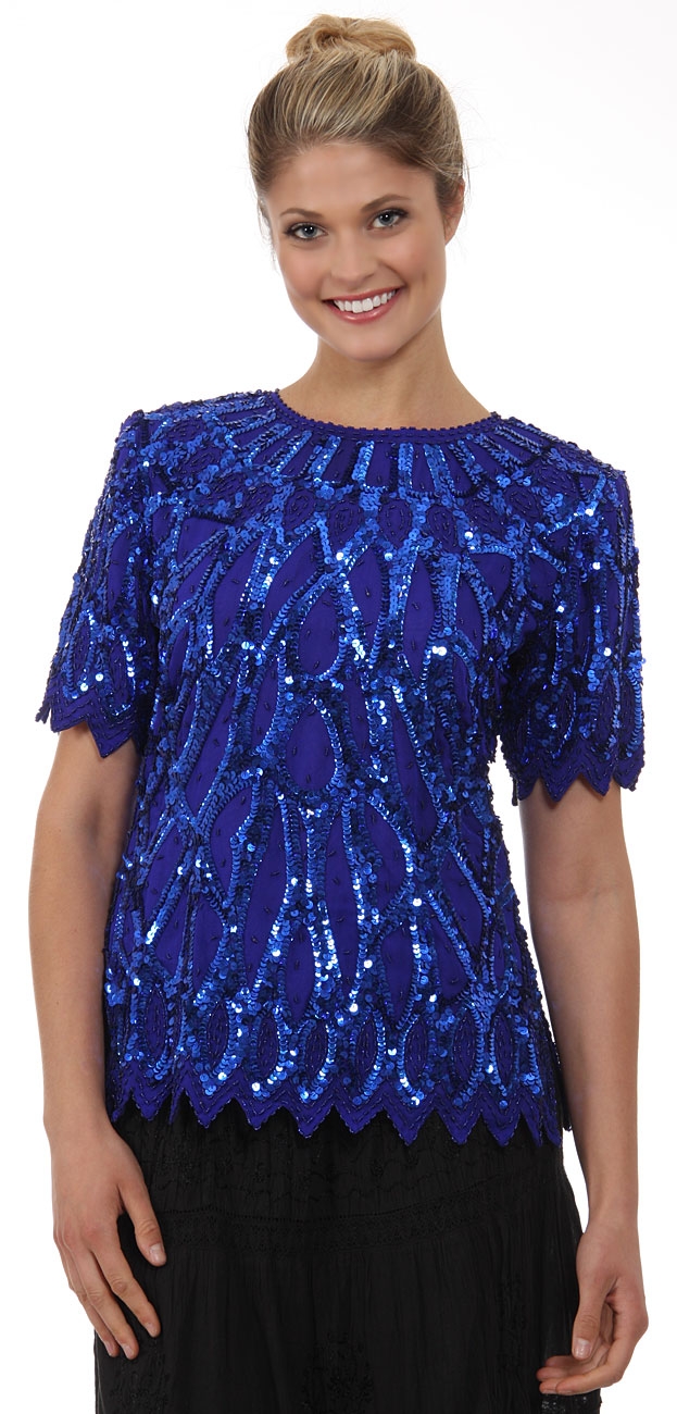 Round Neck Half Sleeves Sequined Blouse — in Royal Blue