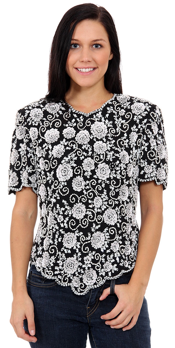 Fully Flowered Hand Beaded/Sequin Blouse — in Black/White
