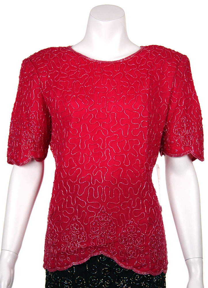 Fully Beaded Blouse with Decorative Hem and Sleeve — in Fuchsia