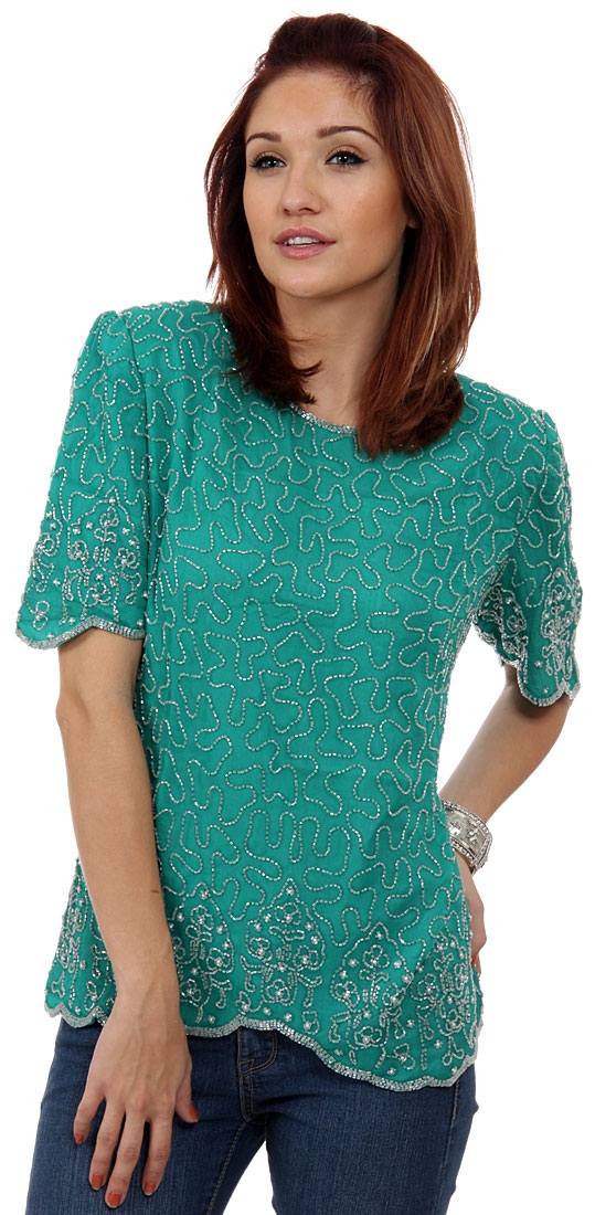 Fully Beaded Blouse with Decorative Hem and Sleeve