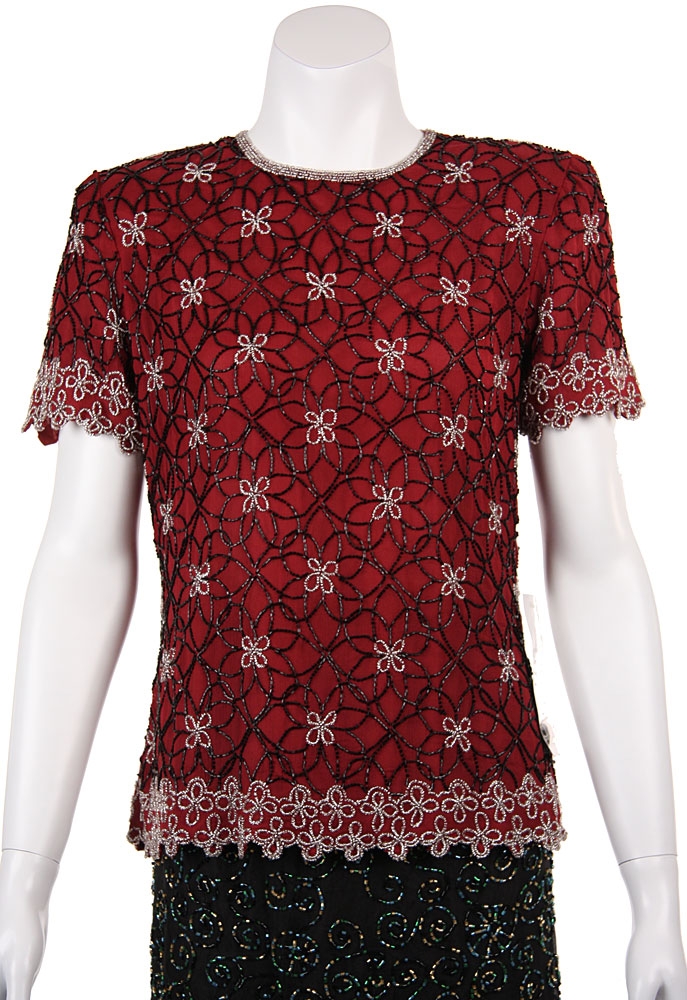 Short Sleeved Beaded Petal Pattern Design — in Burgundy/Silver
