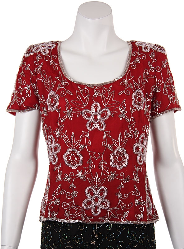 Short Sleeved Hand Beaded Blouse — in Red/Silver