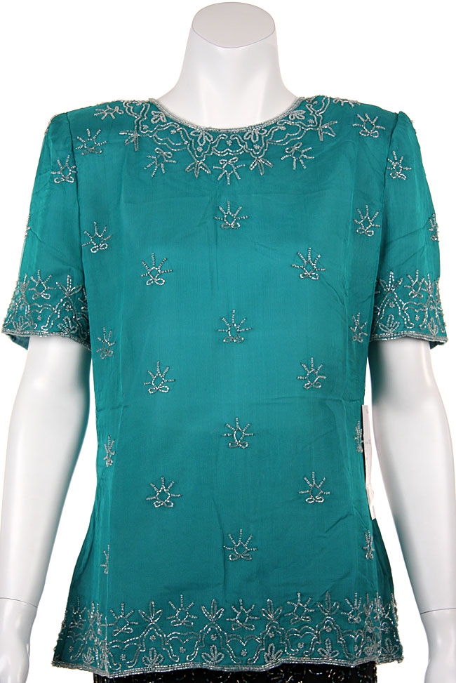 Decorative Bordered Beaded Blouse — in Jade Green