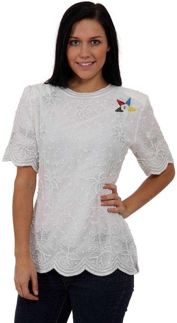 Scatter Floral Design Hand Beaded Blouse — in Ivory
