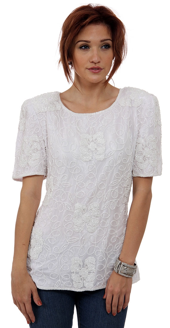 Artistic Beading Round Neck Half Sleeves Blouse