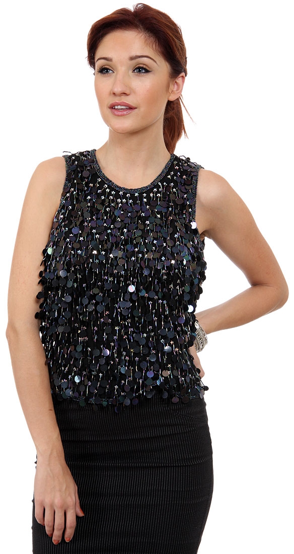 Hanging Sequins Covered Sleeveless Blouse