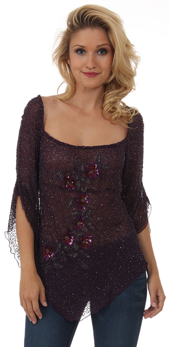 Square Neck Asymmetric Hem Beaded Sheer Blouse.